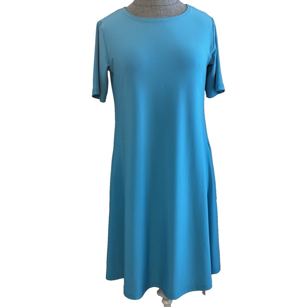 Sympli Womens Trapeze Dress Sz 4 Aqua Blue Pockets Lagenlook Flowy Stretch Artsy